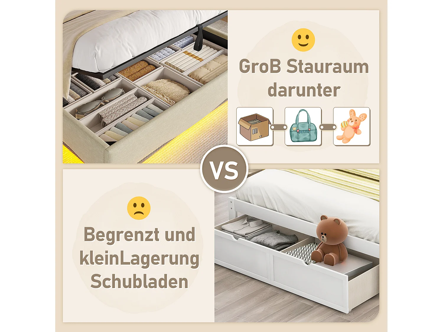 Lit coffre hydraulique pour enfant - 140 x 200 cm - avec Leds + USB + tête de lit de rangement - lin - beige