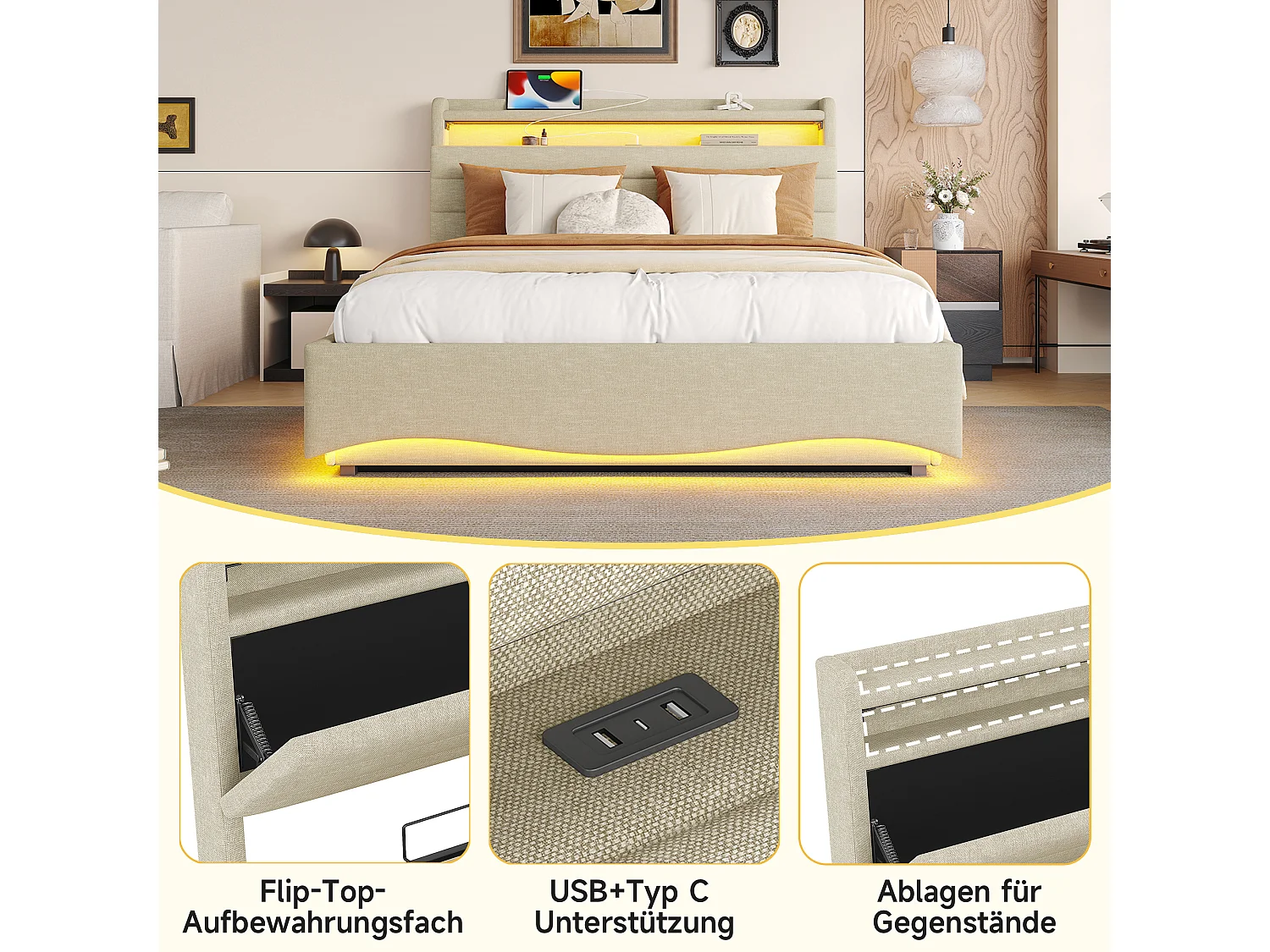 Lit coffre hydraulique pour enfant - 140 x 200 cm - avec Leds + USB + tête de lit de rangement - lin - beige