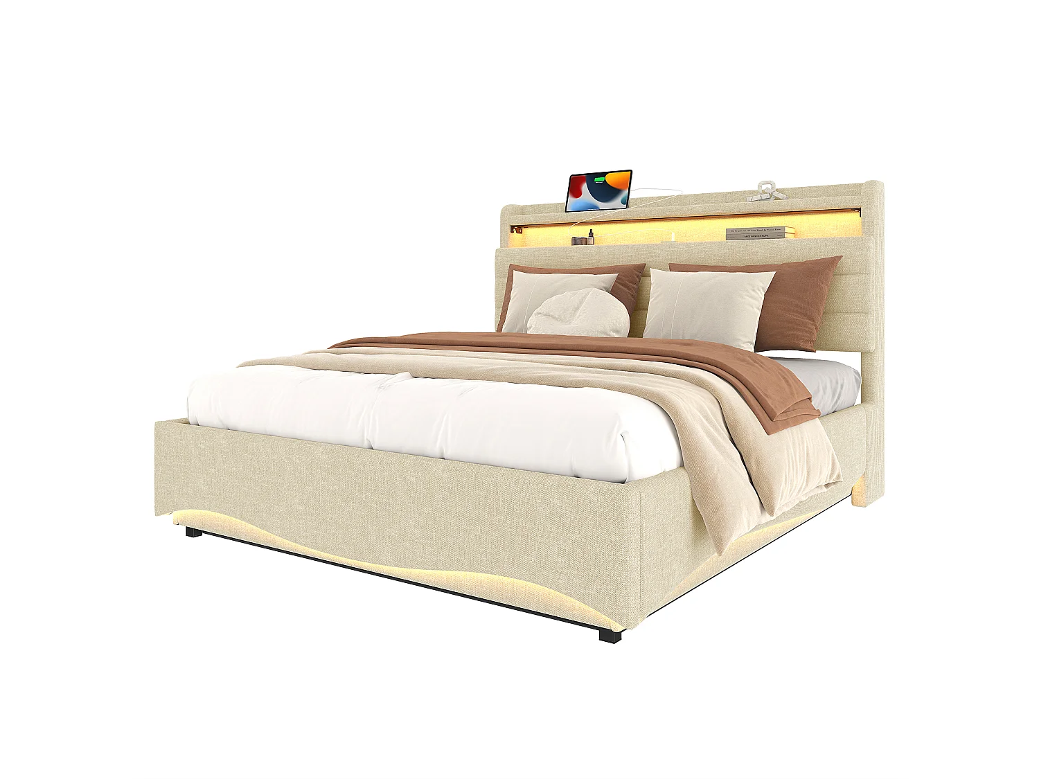 Lit coffre hydraulique pour enfant - 140 x 200 cm - avec Leds + USB + tête de lit de rangement - lin - beige