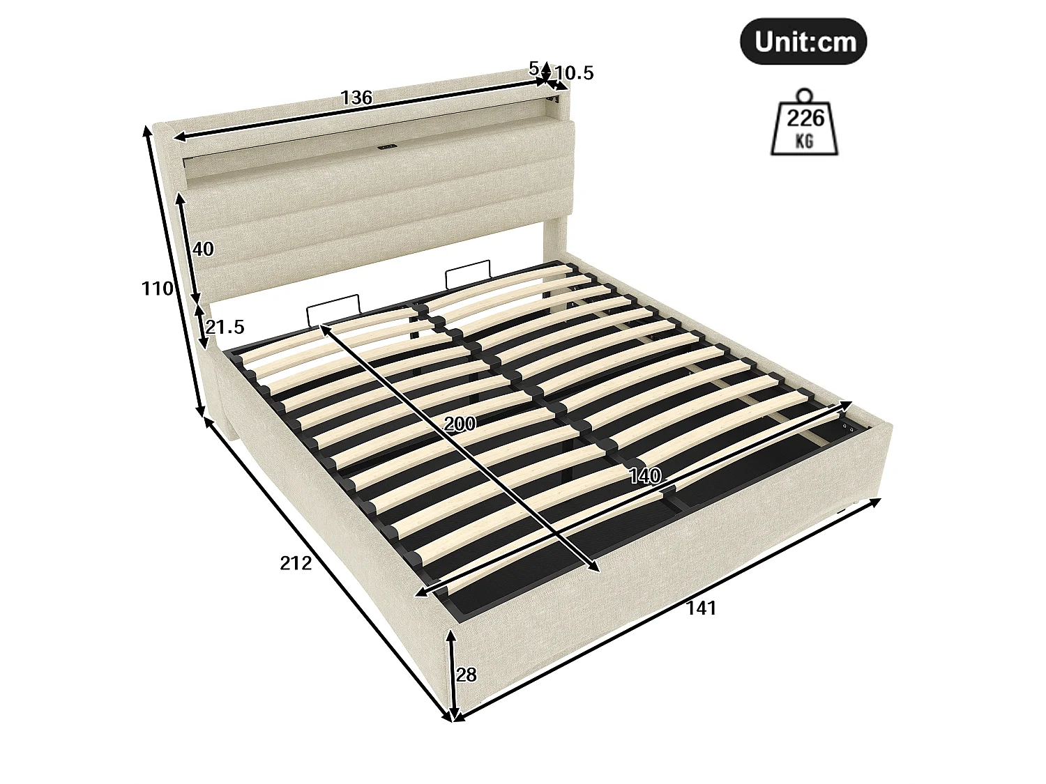 Lit coffre hydraulique pour enfant - 140 x 200 cm - avec Leds + USB + tête de lit de rangement - lin - beige