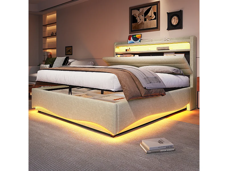 Lit coffre hydraulique pour enfant - 140 x 200 cm - avec Leds + USB + tête de lit de rangement - lin - beige