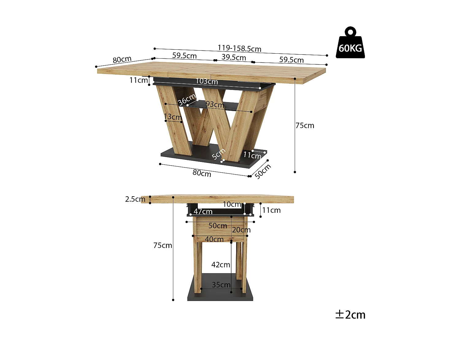 Table à manger extensible pour 4 à 6 personnes - Pieds en forme de W - Couleur bois