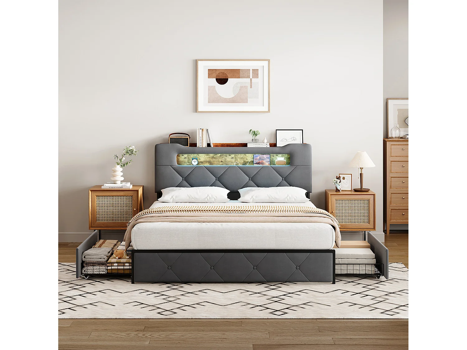 Lit double 160x200 cm - lit avec éclairage LED et port USB - lit coffre avec 4 tiroirs - velours - Gris