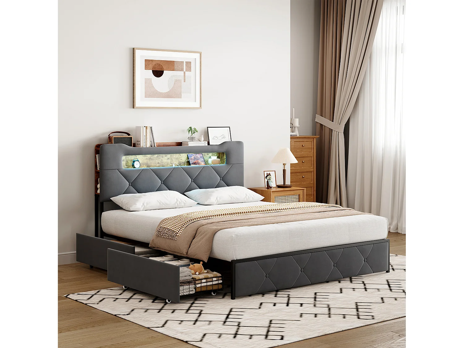 Lit double 160x200 cm - lit avec éclairage LED et port USB - lit coffre avec 4 tiroirs - velours - Gris