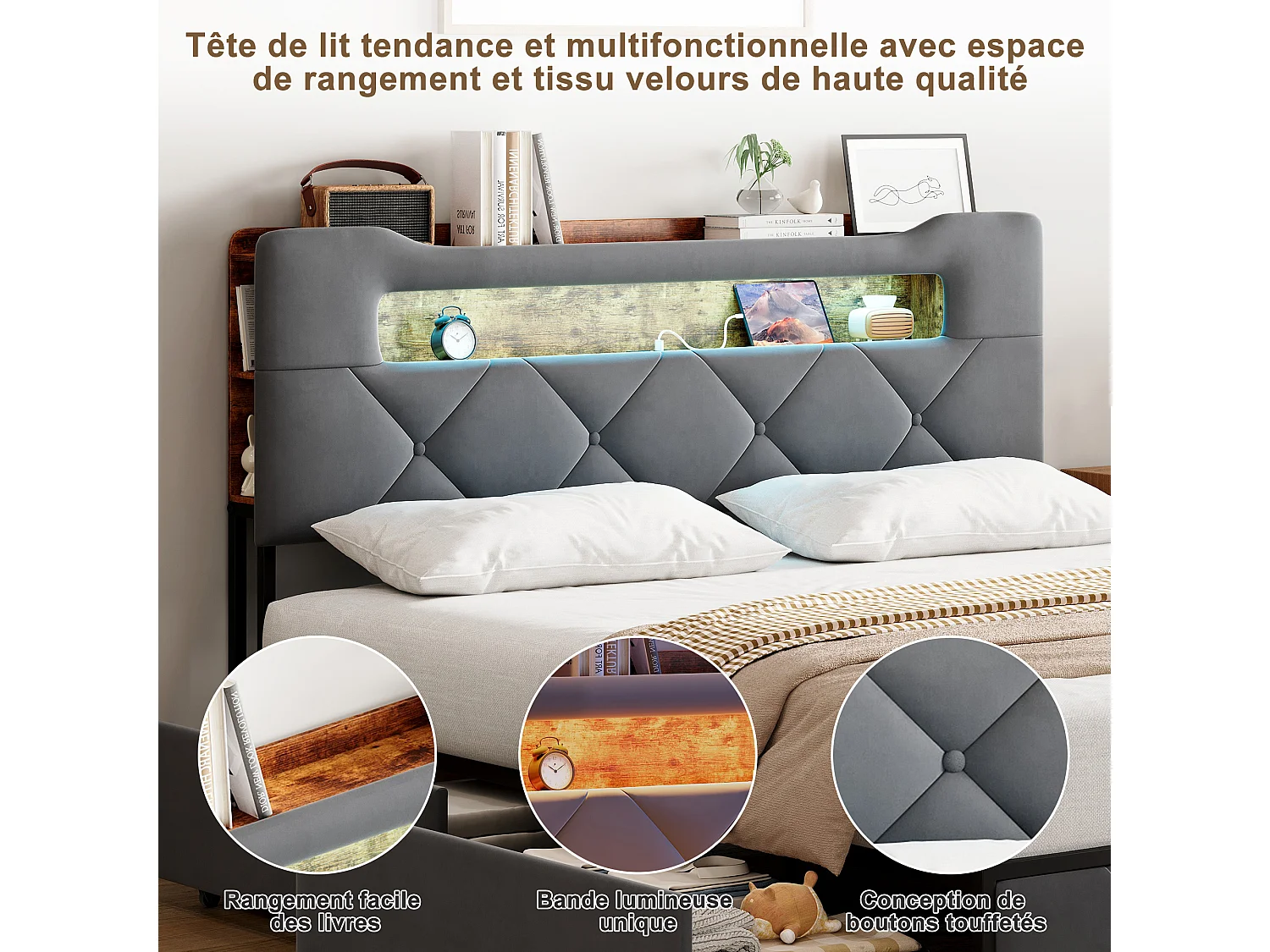 Lit double 160x200 cm - lit avec éclairage LED et port USB - lit coffre avec 4 tiroirs - velours - Gris
