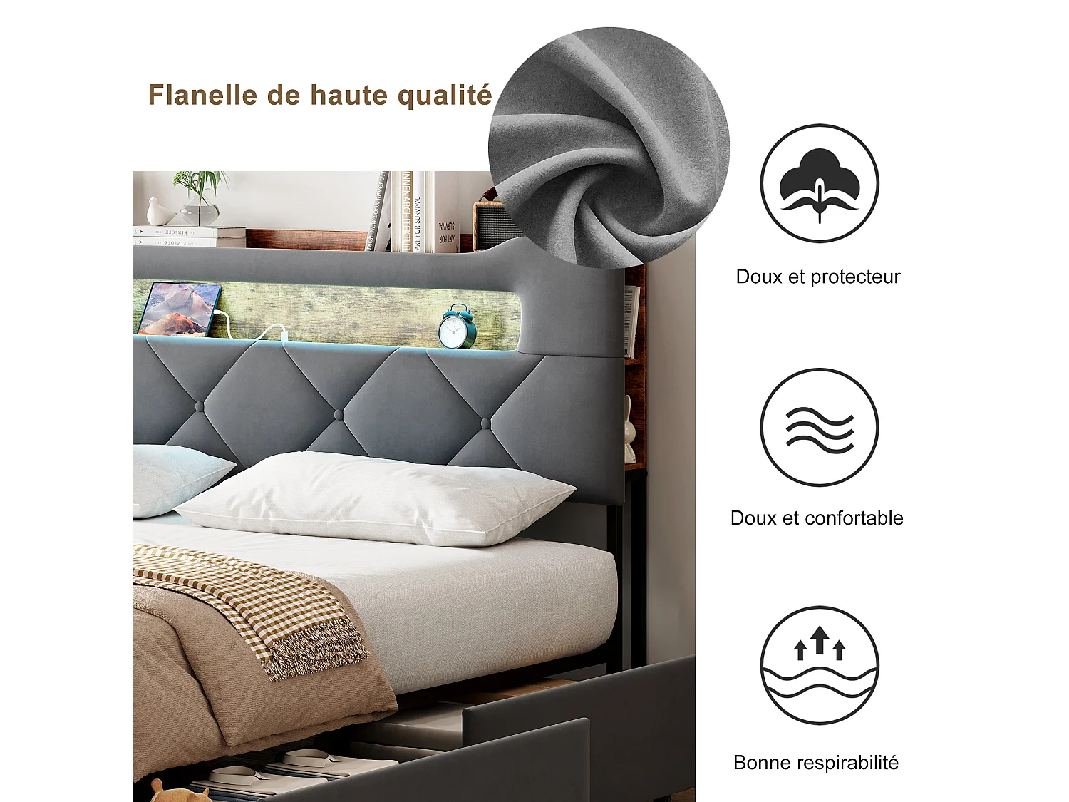 Lit double 160x200 cm - lit avec éclairage LED et port USB - lit coffre avec 4 tiroirs - velours - Gris