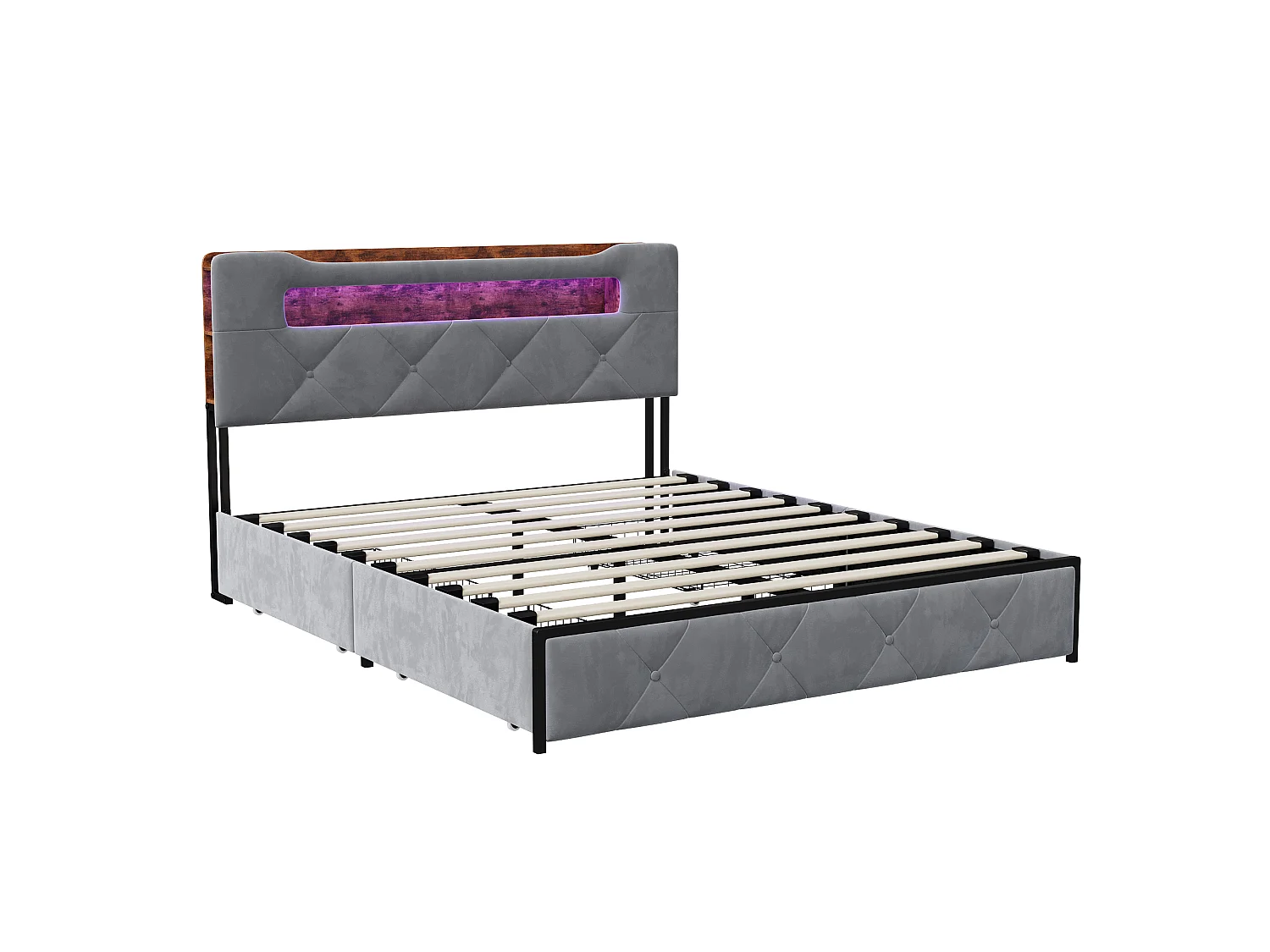 Lit double 160x200 cm - lit avec éclairage LED et port USB - lit coffre avec 4 tiroirs - velours - Gris