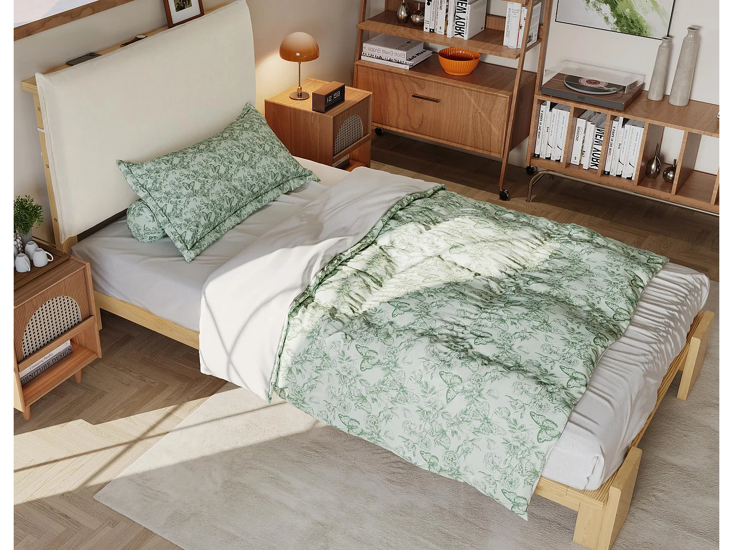 Lit simple 90x200cm - tête de lit rembourrée amovible - bois massif + éponge + contreplaqué - Naturel (matelas non inclus)