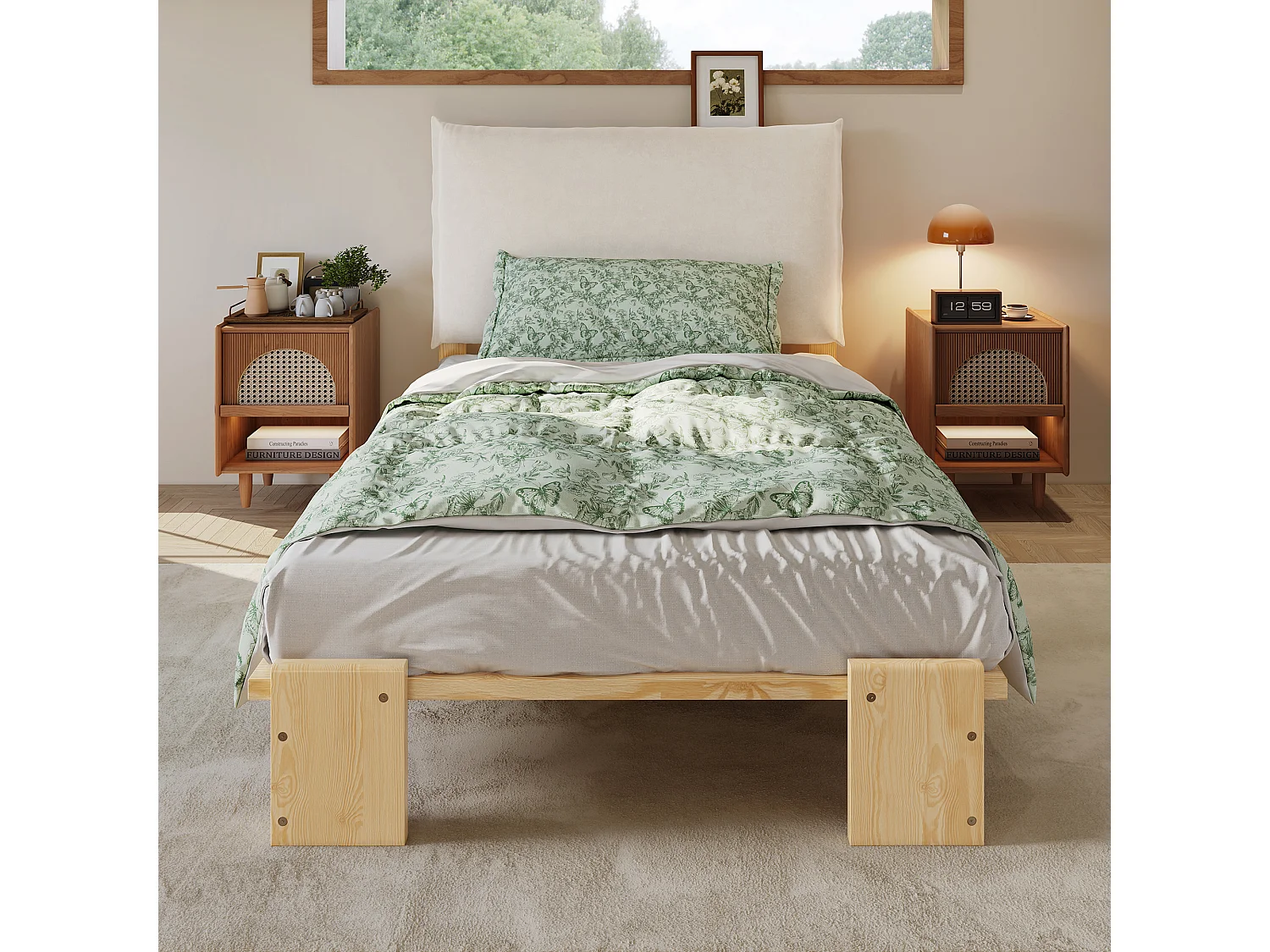 Lit simple 90x200cm - tête de lit rembourrée amovible - bois massif + éponge + contreplaqué - Naturel (matelas non inclus)