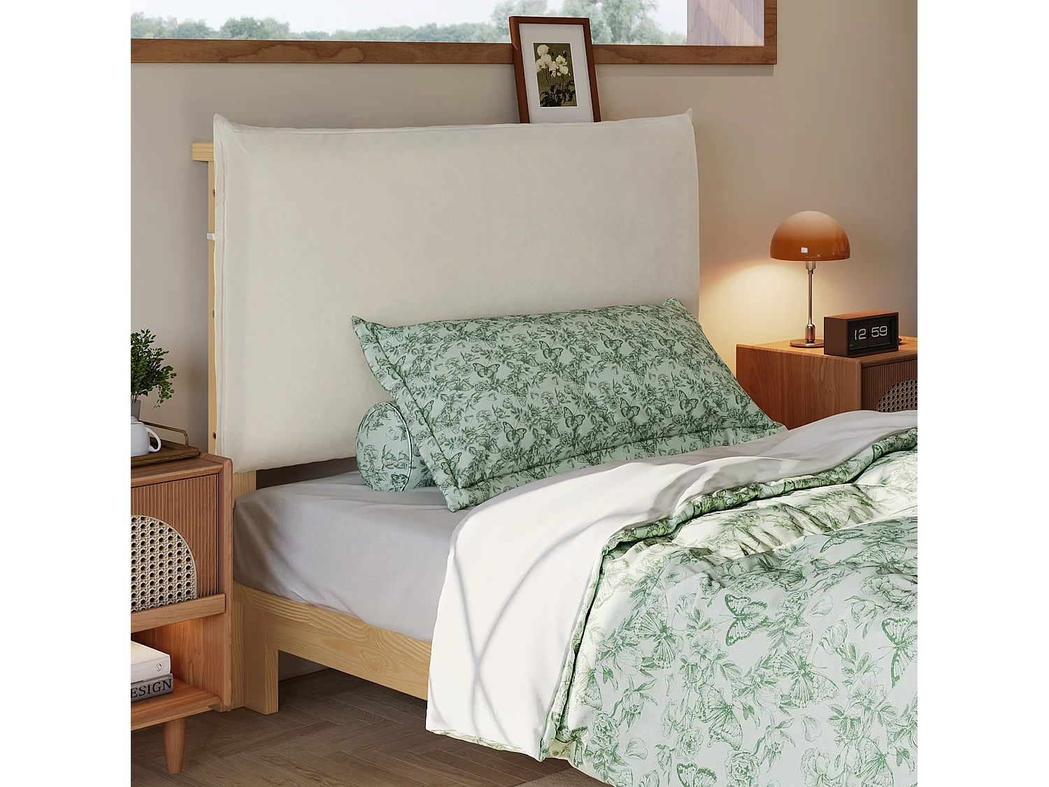 Lit simple 90x200cm - tête de lit rembourrée amovible - bois massif + éponge + contreplaqué - Naturel (matelas non inclus)