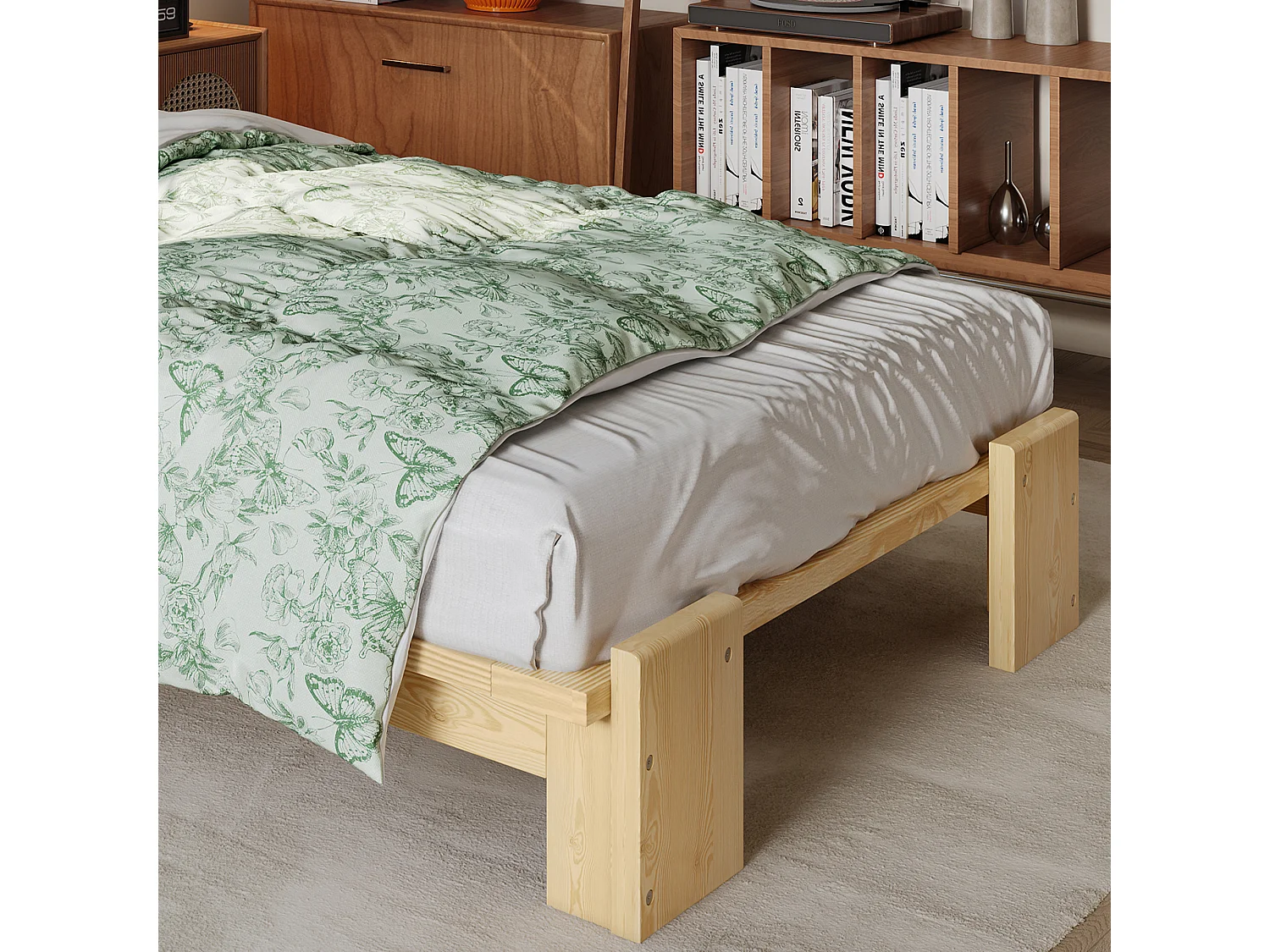 Lit simple 90x200cm - tête de lit rembourrée amovible - bois massif + éponge + contreplaqué - Naturel (matelas non inclus)