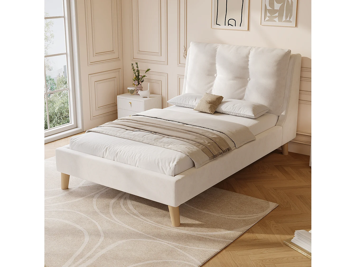 Lit capitonné pour enfant - 90 x 200 cm - avec sommier à lattes + tête de lit - pieds en bois massif - velours - beige