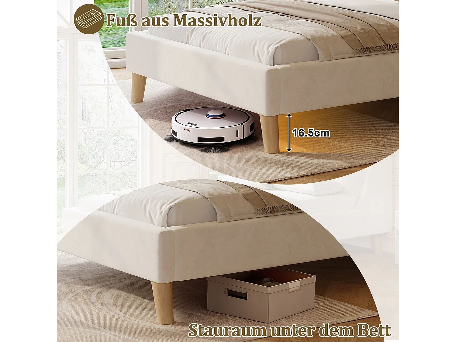 Lit capitonné pour enfant - 90 x 200 cm - avec sommier à lattes + tête de lit - pieds en bois massif - velours - beige