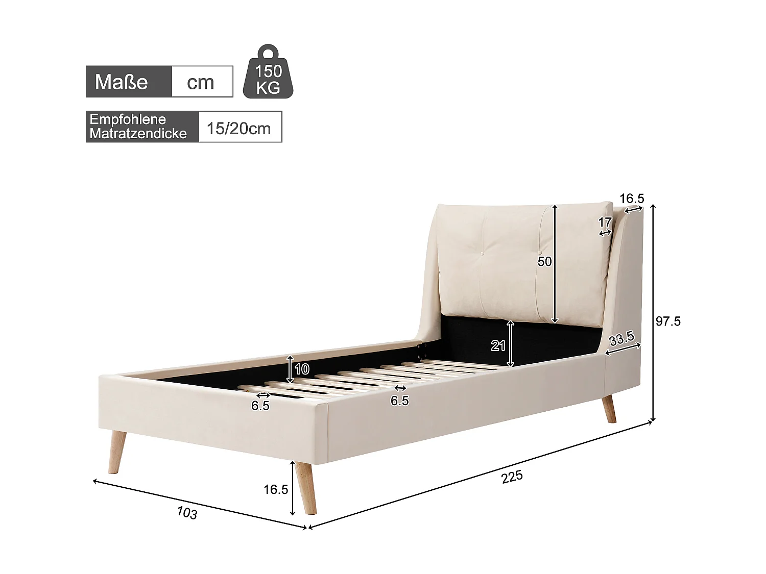 Lit capitonné pour enfant - 90 x 200 cm - avec sommier à lattes + tête de lit - pieds en bois massif - velours - beige
