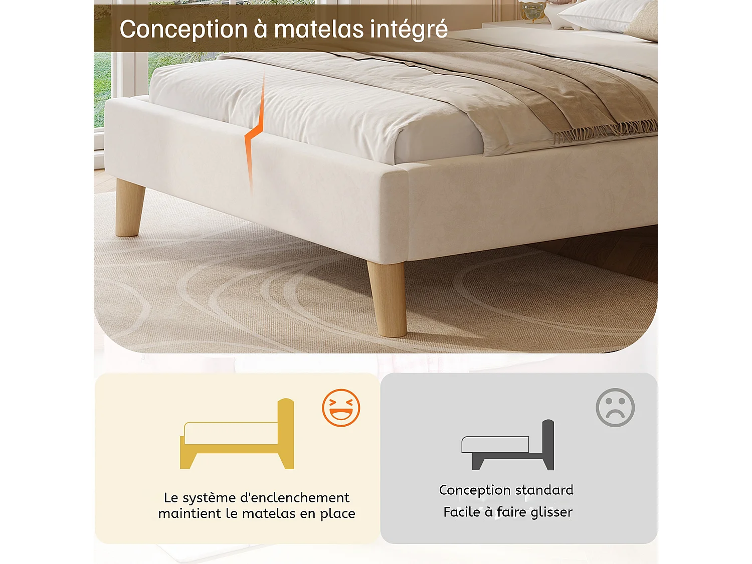 Lit capitonné pour enfant - 90 x 200 cm - avec sommier à lattes + tête de lit - pieds en bois massif - velours - beige