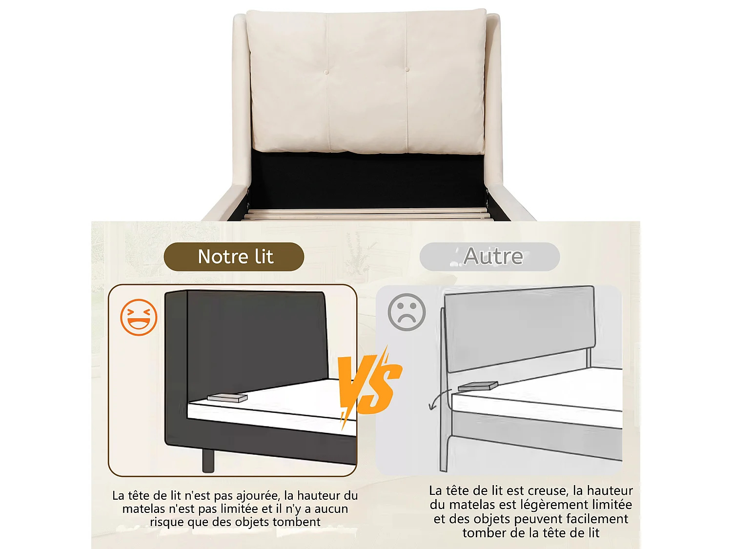 Lit capitonné pour enfant - 90 x 200 cm - avec sommier à lattes + tête de lit - pieds en bois massif - velours - beige