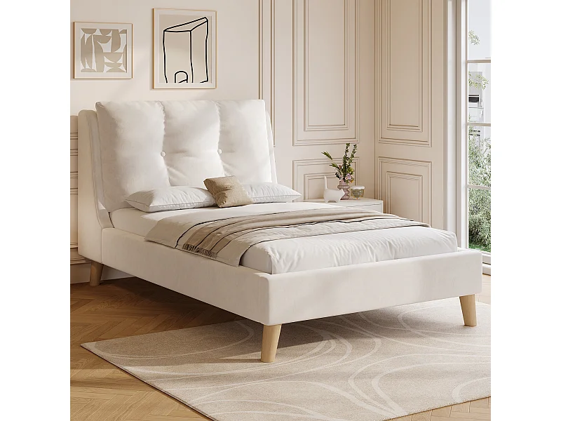 Lit capitonné pour enfant - 90 x 200 cm - avec sommier à lattes + tête de lit - pieds en bois massif - velours - beige
