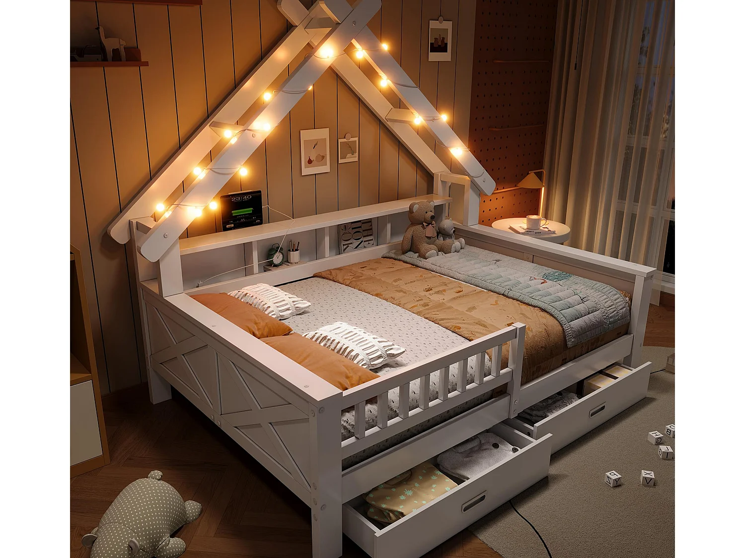 Lit cabane enfant 90x200 cm - avec LED - 2 tiroirs et compartiments de rangement - Barrières de sécurité -Blanc (matelas non inclus)