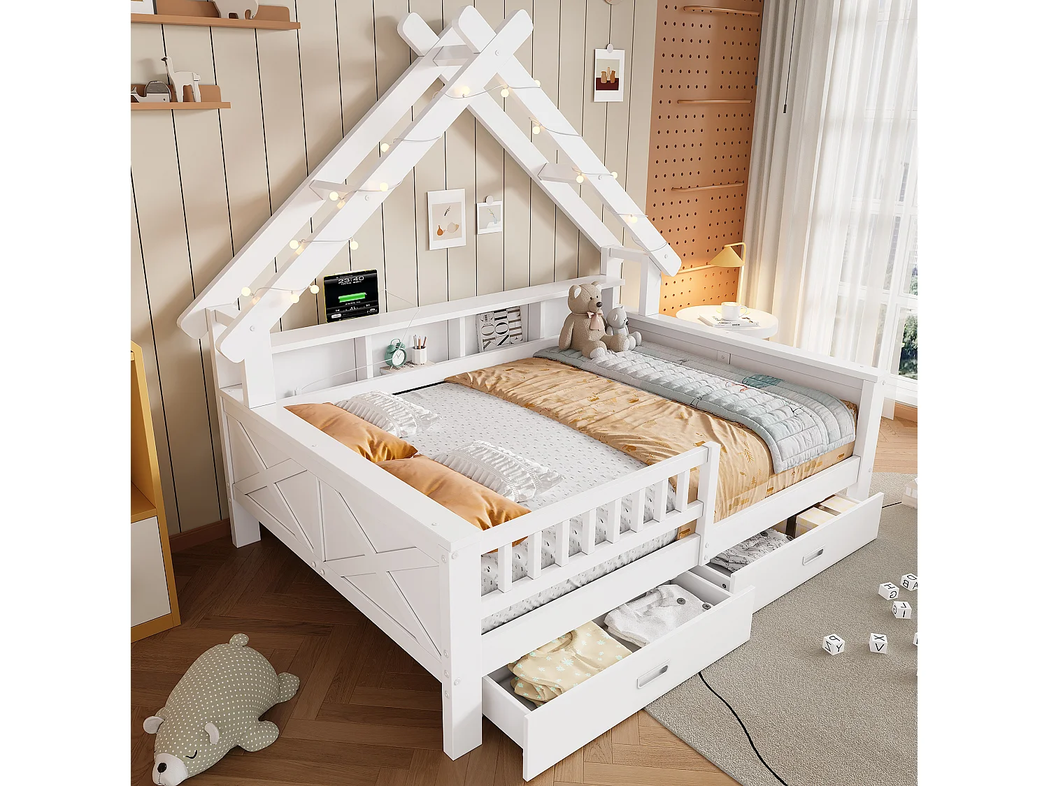Lit cabane enfant 90x200 cm - avec LED - 2 tiroirs et compartiments de rangement - Barrières de sécurité -Blanc (matelas non inclus)