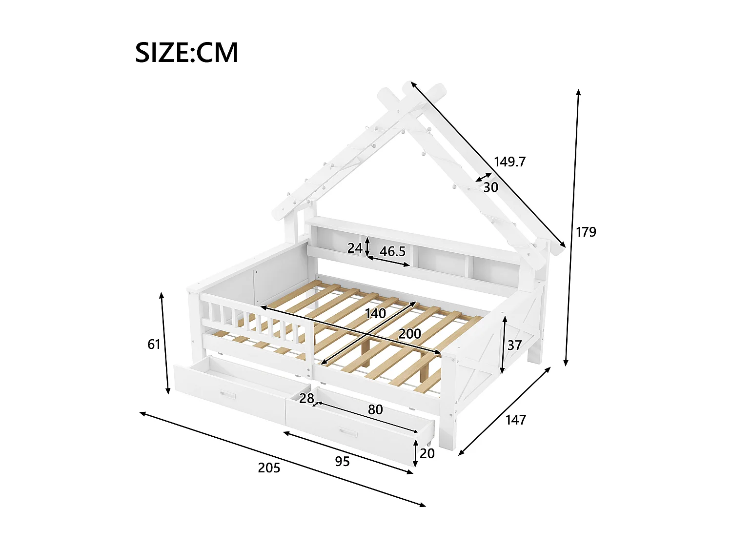 Lit cabane enfant 90x200 cm - avec LED - 2 tiroirs et compartiments de rangement - Barrières de sécurité -Blanc (matelas non inclus)