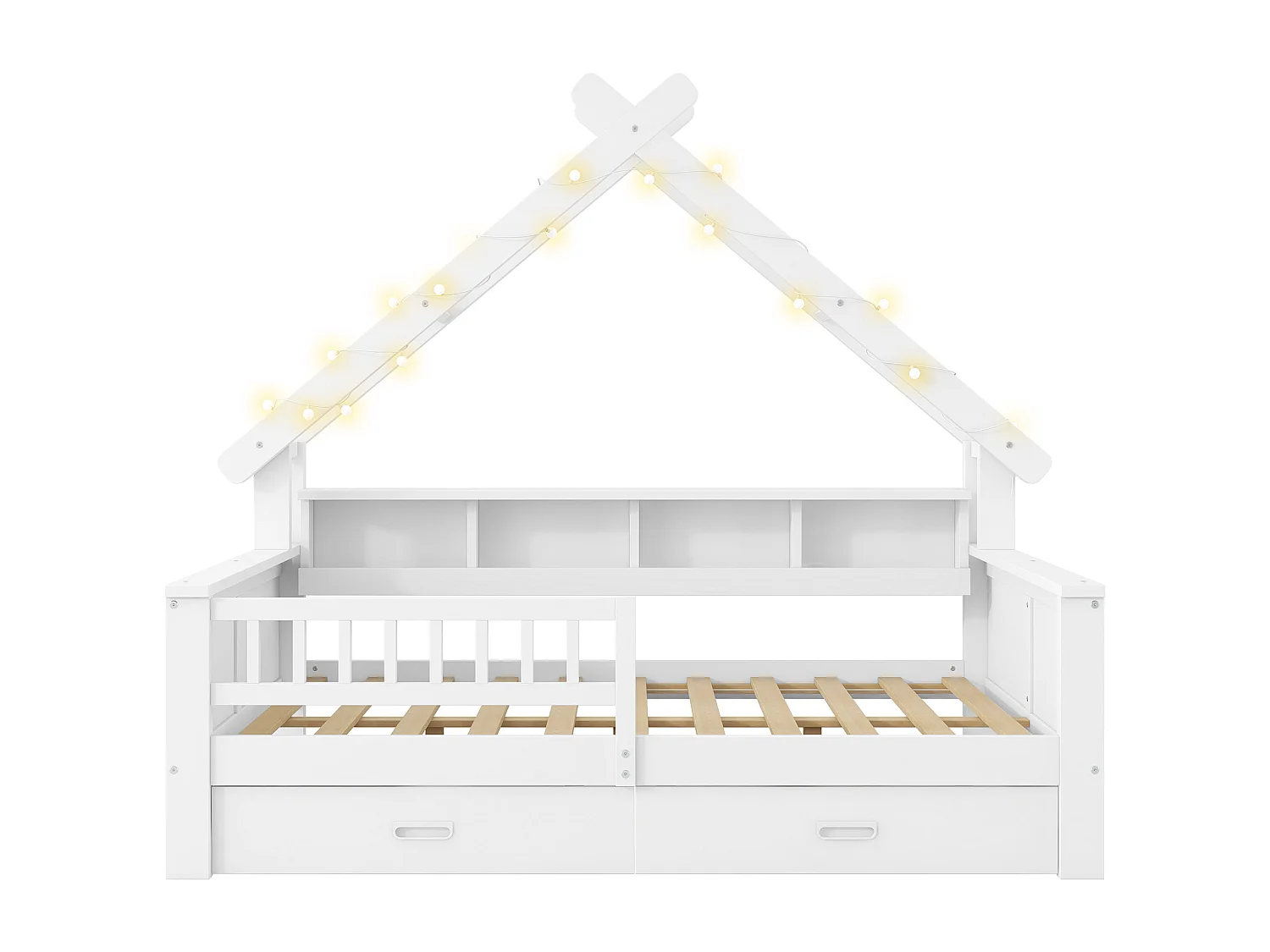 Lit cabane enfant 90x200 cm - avec LED - 2 tiroirs et compartiments de rangement - Barrières de sécurité -Blanc (matelas non inclus)