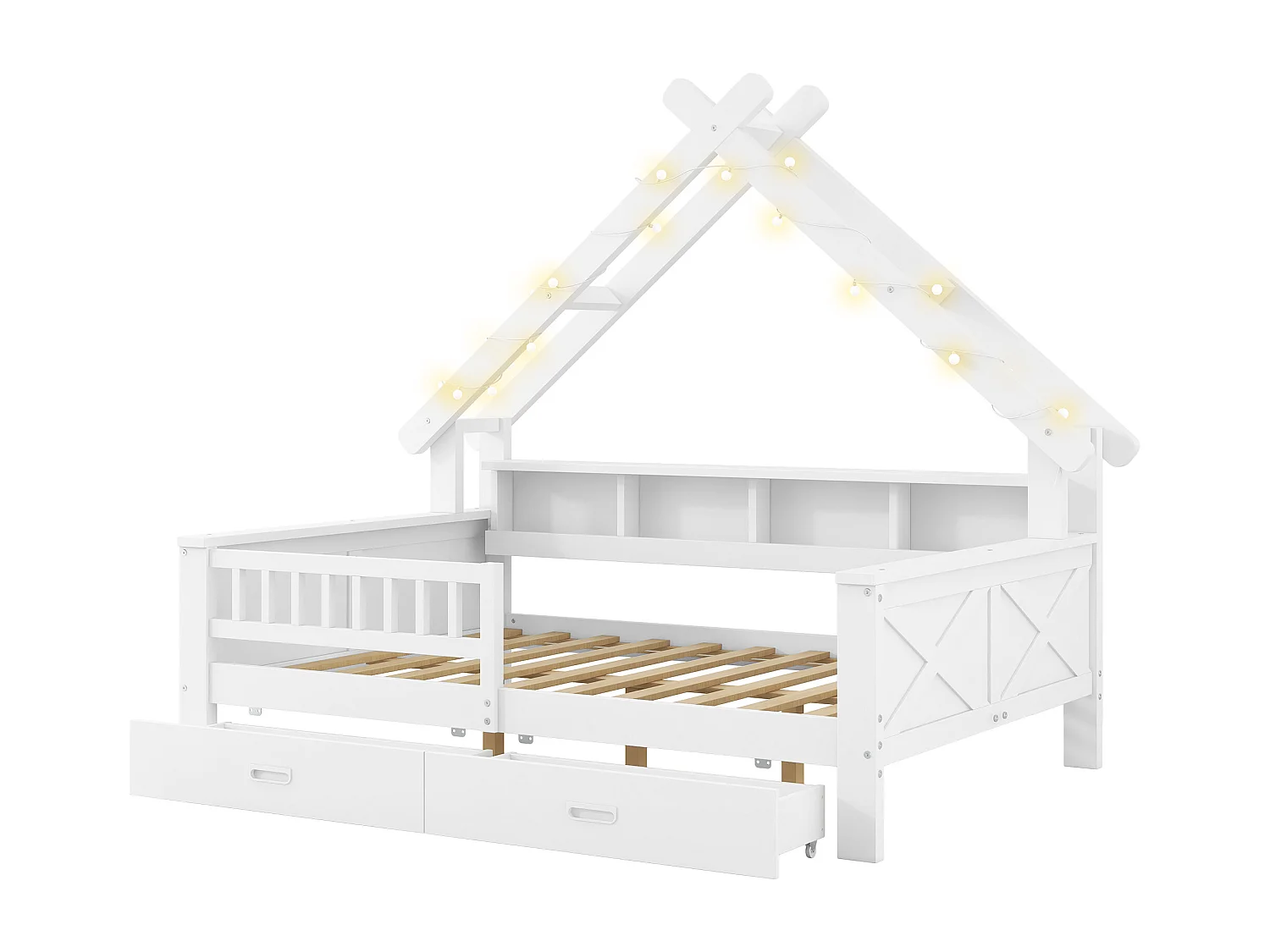 Lit cabane enfant 90x200 cm - avec LED - 2 tiroirs et compartiments de rangement - Barrières de sécurité -Blanc (matelas non inclus)