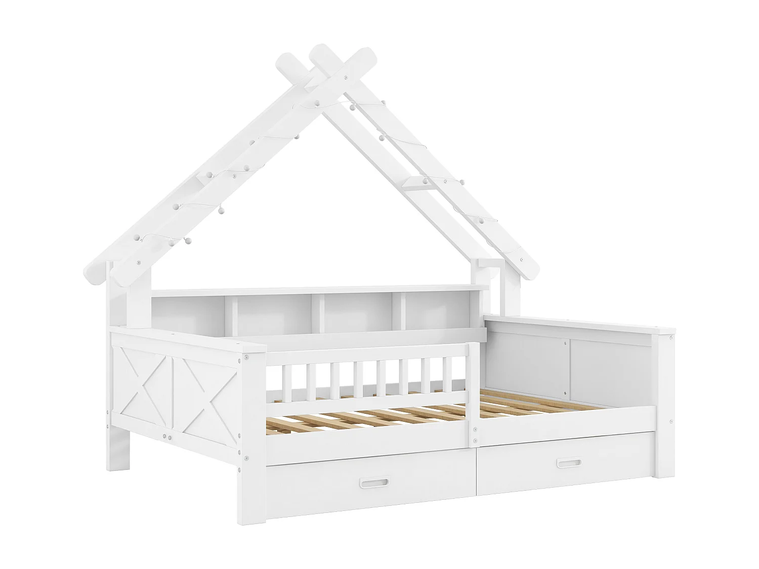 Lit cabane enfant 90x200 cm - avec LED - 2 tiroirs et compartiments de rangement - Barrières de sécurité -Blanc (matelas non inclus)