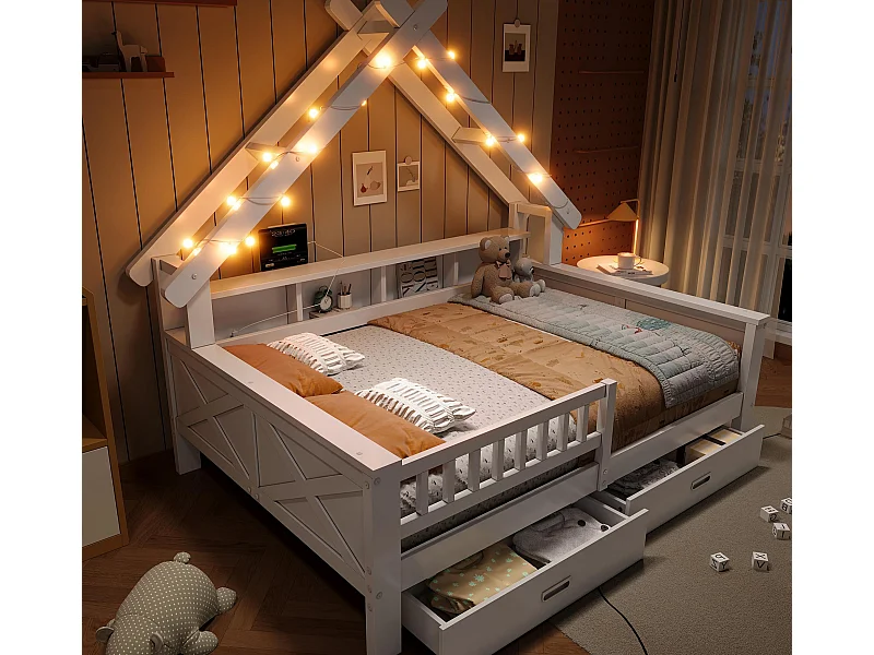 Lit cabane enfant 90x200 cm - avec LED - 2 tiroirs et compartiments de rangement - Barrières de sécurité -Blanc (matelas non inclus)