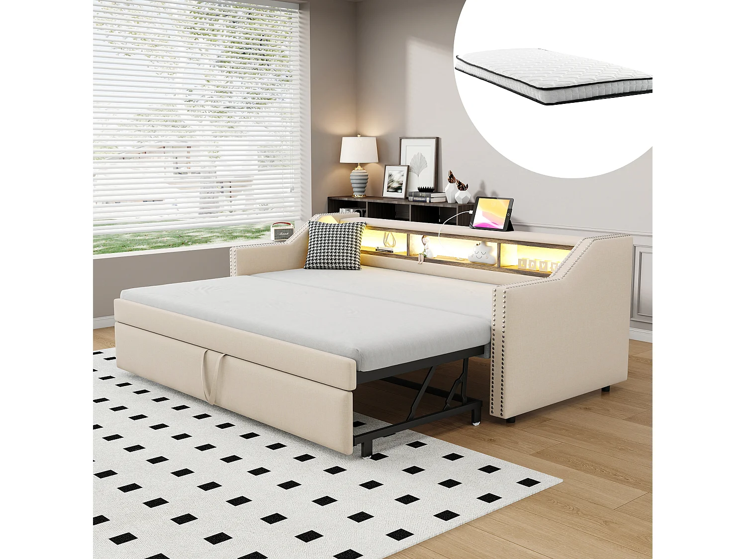 Canapé-lit extensible - 90/180 x 190 cm - avec étagères de rangements + Leds + USB -  lin + MDF - beige (avec 2 matelas)
