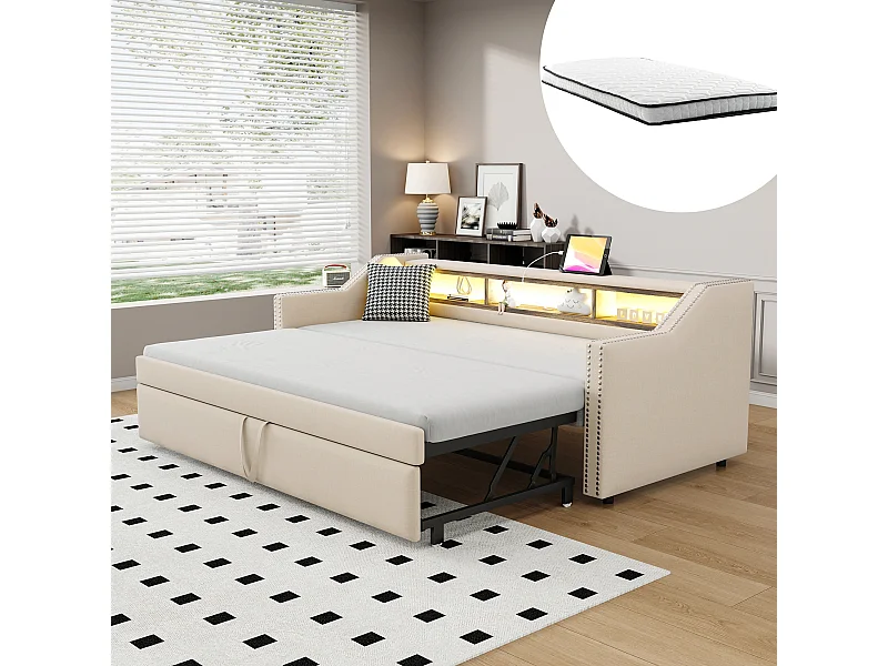 Canapé-lit extensible - 90/180 x 190 cm - avec étagères de rangements + Leds + USB -  lin + MDF - beige (avec 2 matelas)