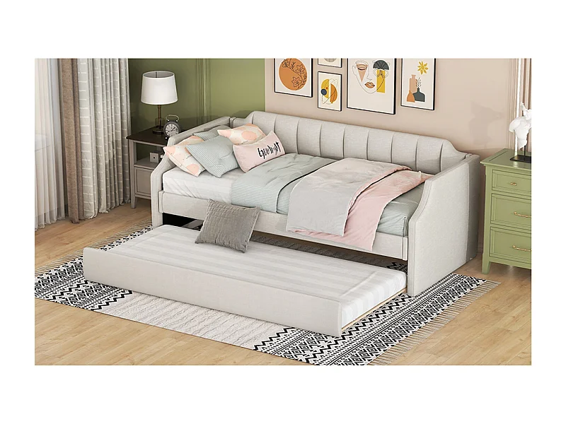 Lit banquette 90x200cm avec lit gigogne 90x190cm - Tissu en coton et lin - Beige