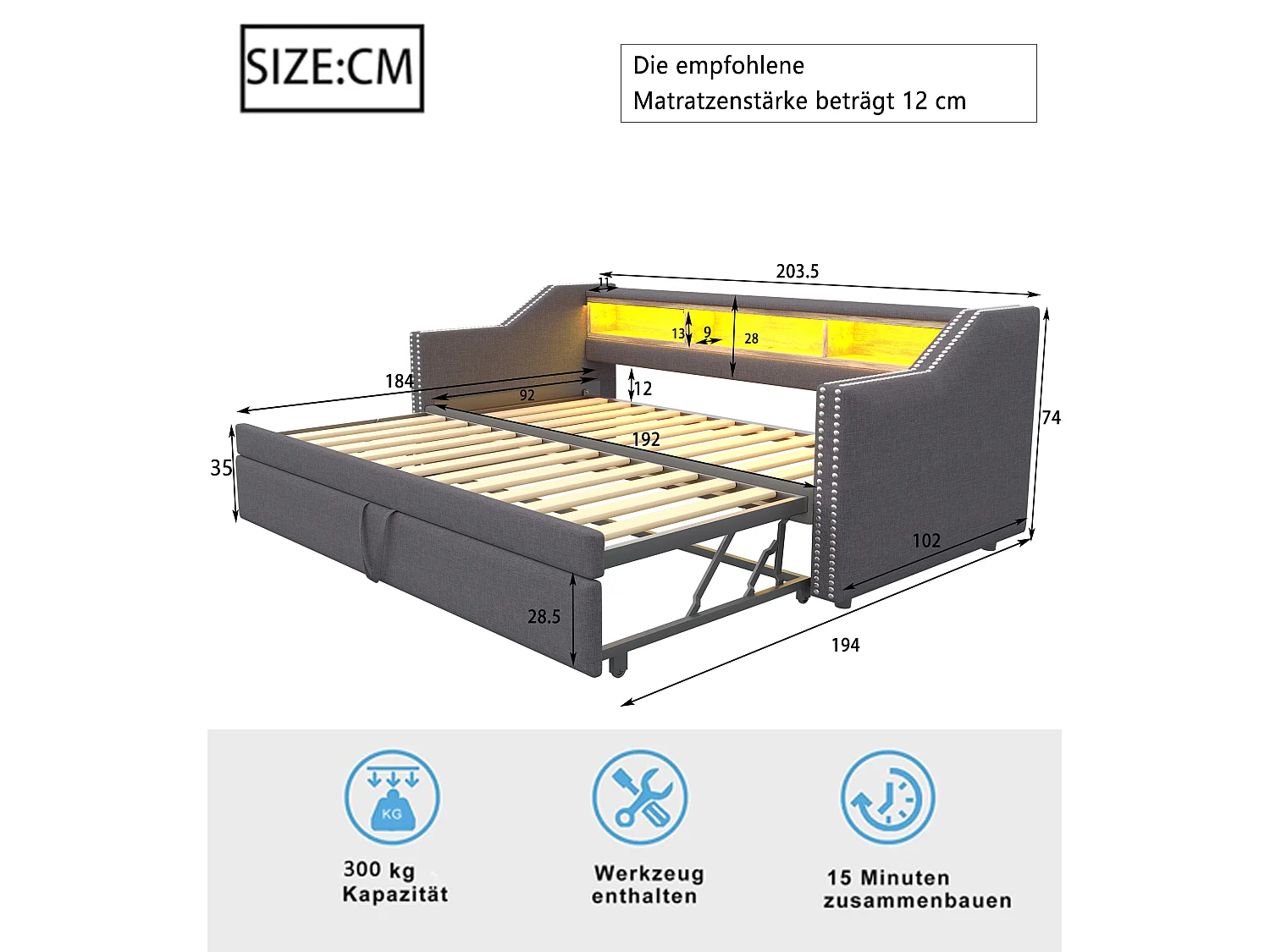 Canapé-lit extensible - 90/180 x 190 cm - avec étagères de rangements + Leds + USB -  lin + MDF - gris foncé (avec 2 matelas)