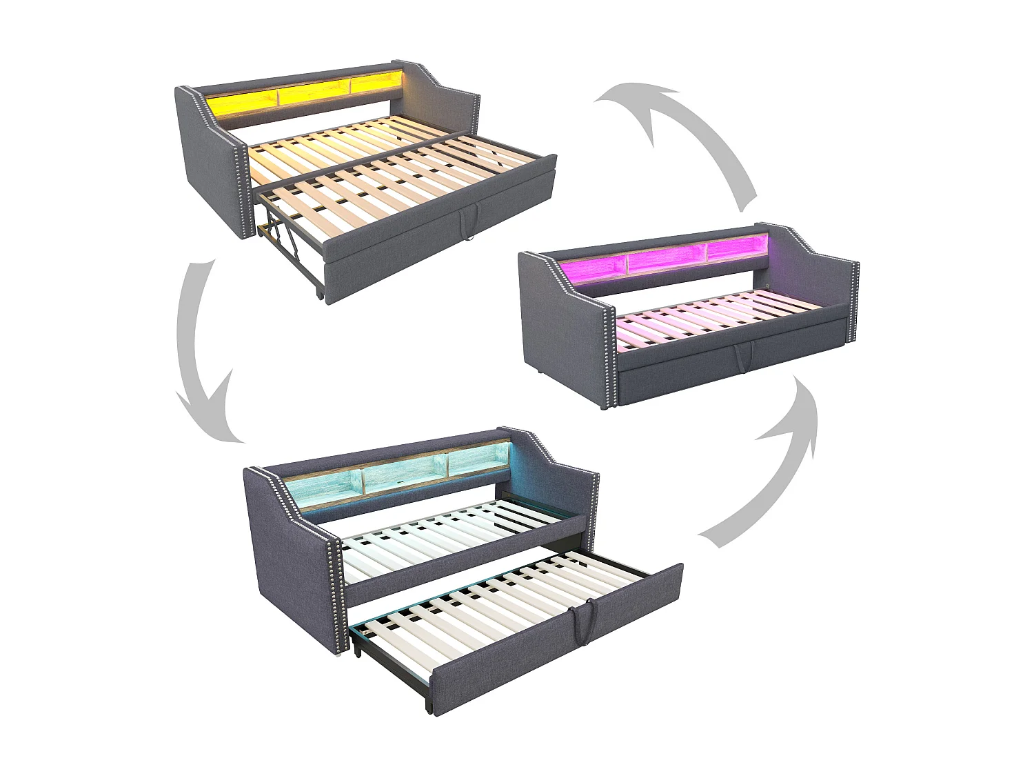 Canapé-lit extensible - 90/180 x 190 cm - avec étagères de rangements + Leds + USB -  lin + MDF - gris foncé (avec 2 matelas)