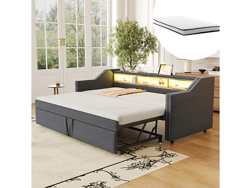 Ausziehbares Schlafsofa - 90/180 x 190 cm - mit Ablagefächern + LEDs + USB - Leinen + MDF - dunkelgrau (mit 2 Matratzen)