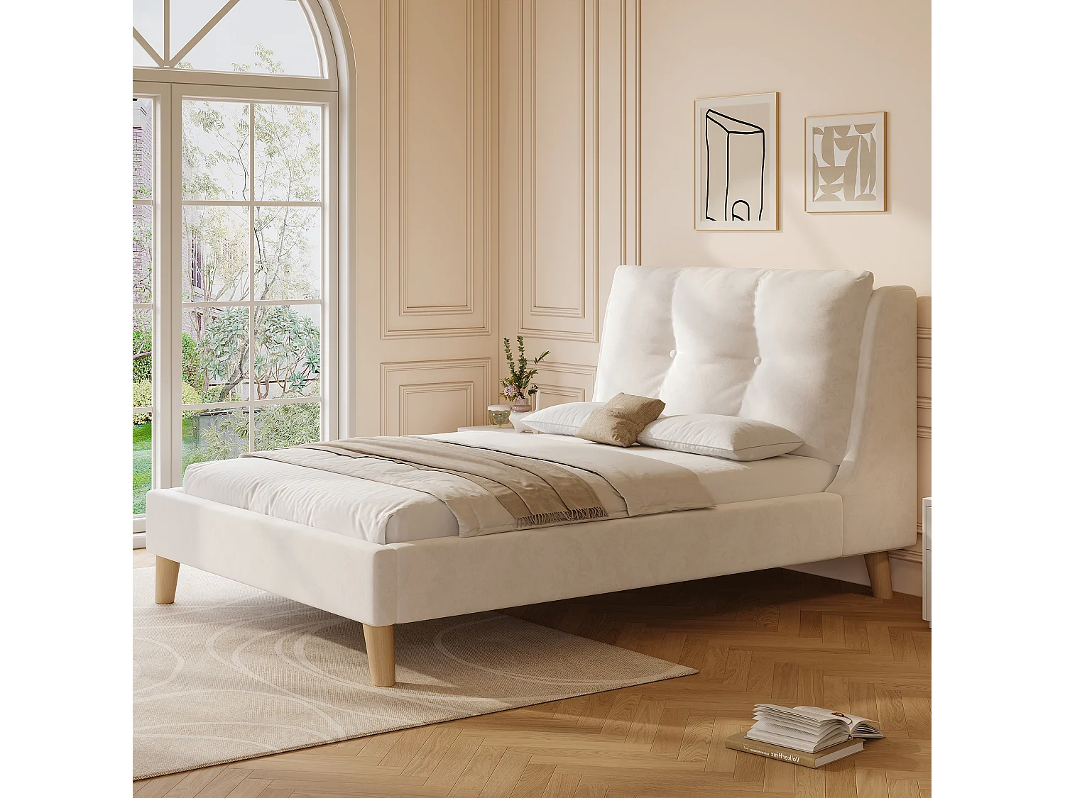 Lit enfant capitonné 90x200cm - Oreillers réglables - Pieds en bois massif - Velours - Beige (Matelas non inclus)