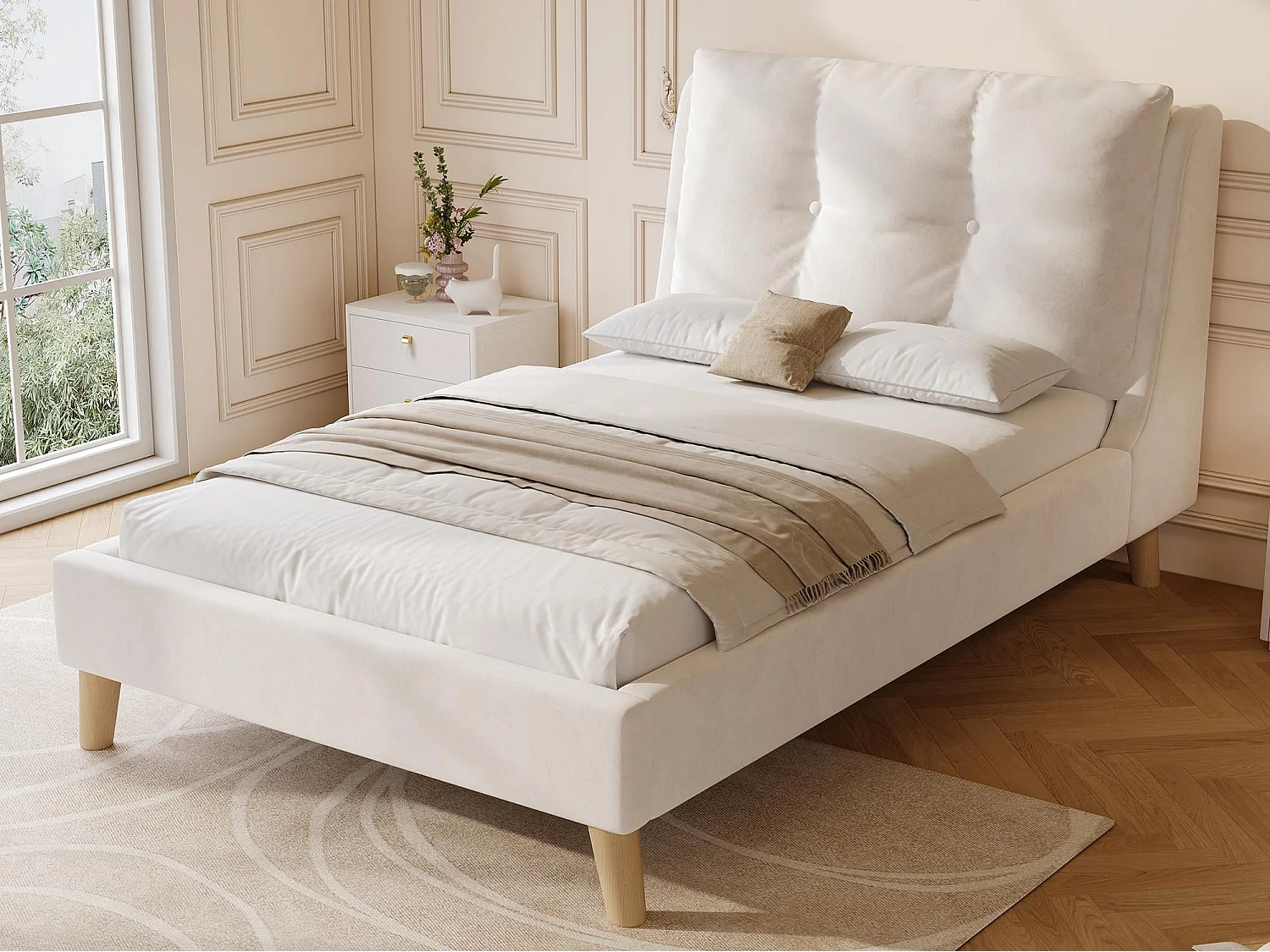 Lit enfant capitonné 90x200cm - Oreillers réglables - Pieds en bois massif - Velours - Beige (Matelas non inclus)