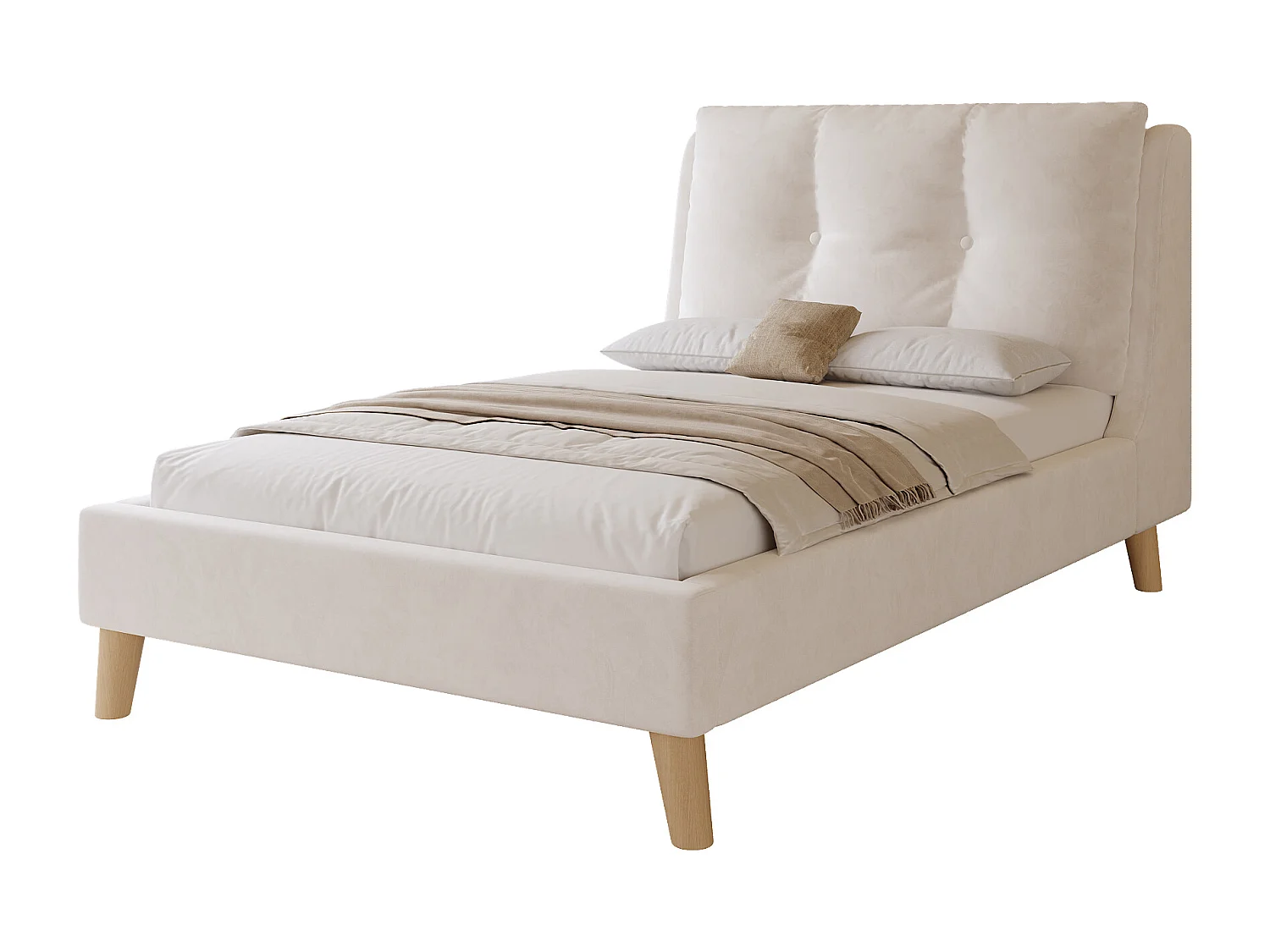 Lit enfant capitonné 90x200cm - Oreillers réglables - Pieds en bois massif - Velours - Beige (Matelas non inclus)