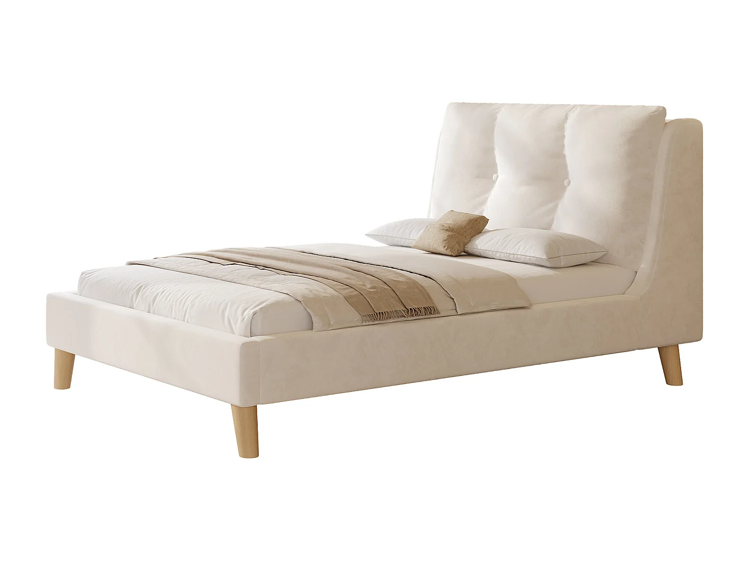 Lit enfant capitonné 90x200cm - Oreillers réglables - Pieds en bois massif - Velours - Beige (Matelas non inclus)