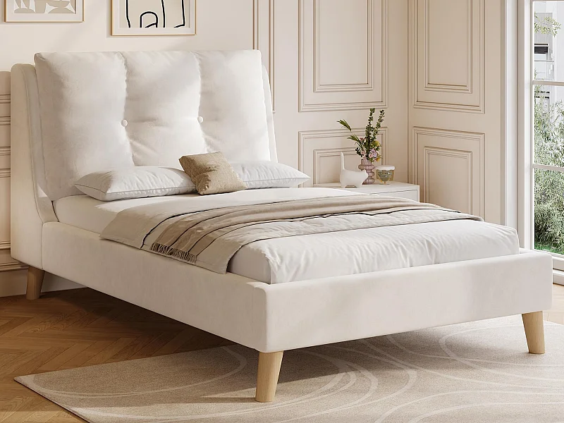 Gepolstertes Kinderbett 90x200cm - Verstellbare Kissen - Füße aus Massivholz - Samt - Beige​ (Matratze nicht inbegriffen)