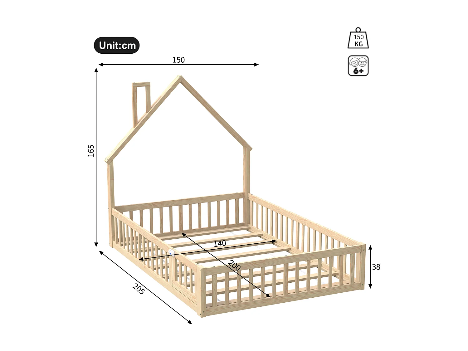 Lit cabane pour enfant - 140 x 200 cm - en forme de cheminée - avec sommier à lattes + porte - pin - naturel