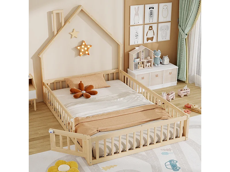 Lit cabane pour enfant - 140 x 200 cm - en forme de cheminée - avec sommier à lattes + porte - pin - naturel