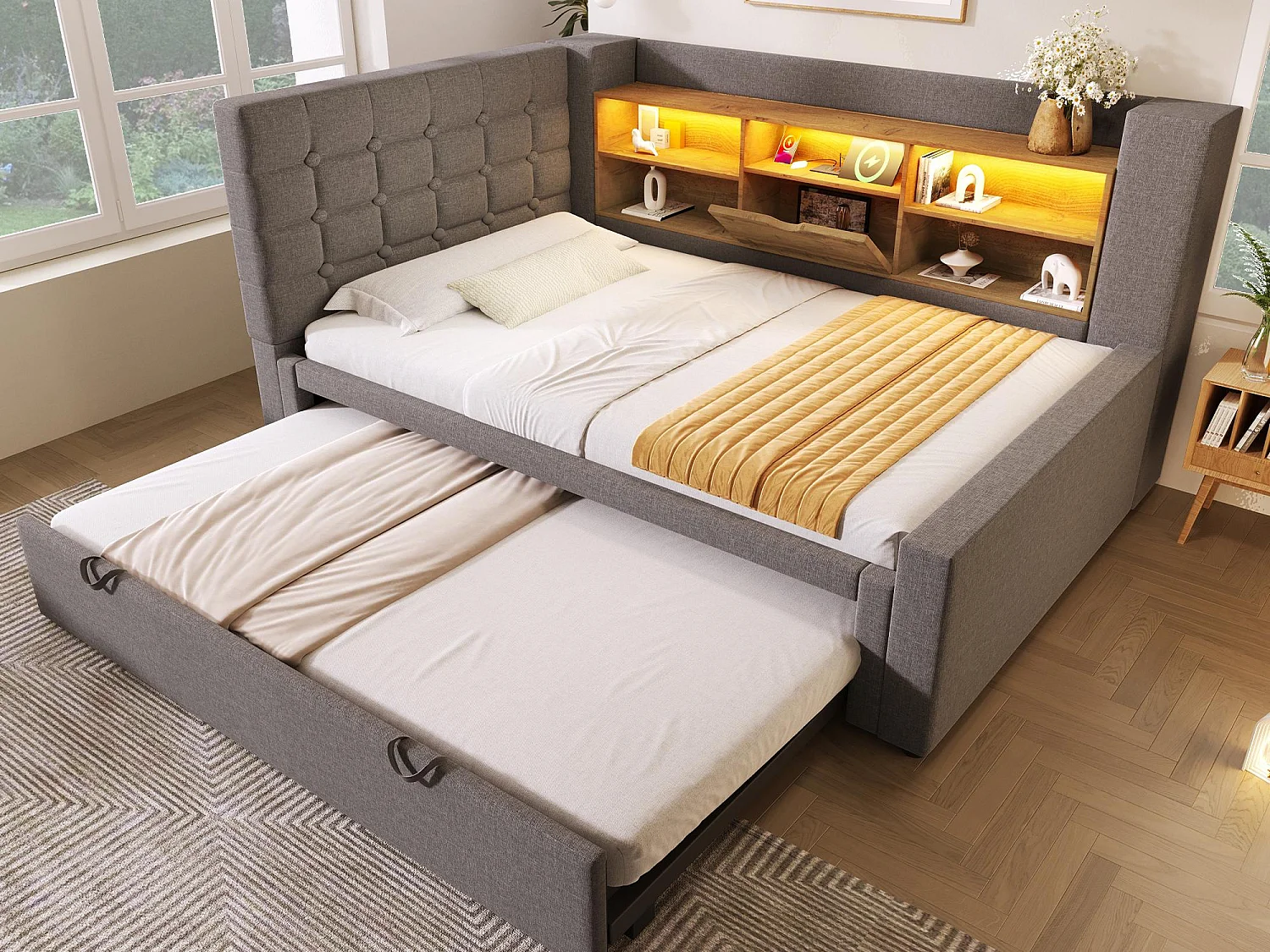 Slaapbank 90x200cm - met uitschuifbaar bed - met LED-verlichting en opbergruimte - met USB - linnen stof - grijs​ (matras niet inbegrepen)