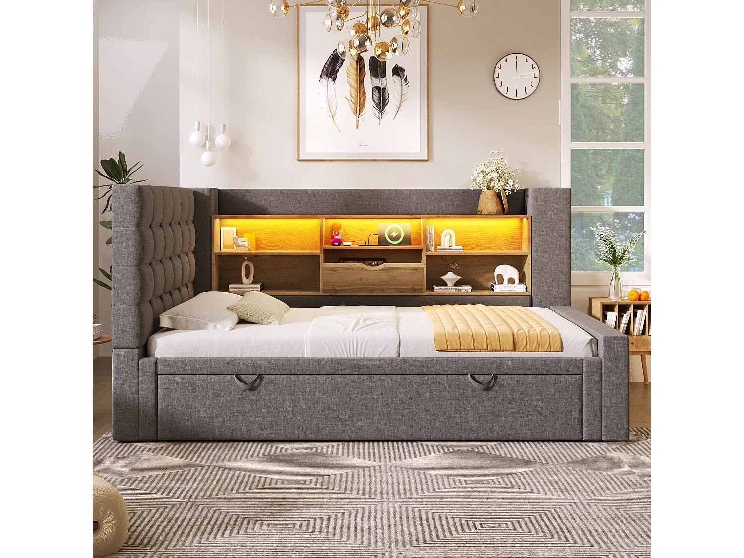 Slaapbank 90x200cm - met uitschuifbaar bed - met LED-verlichting en opbergruimte - met USB - linnen stof - grijs​ (matras niet inbegrepen)