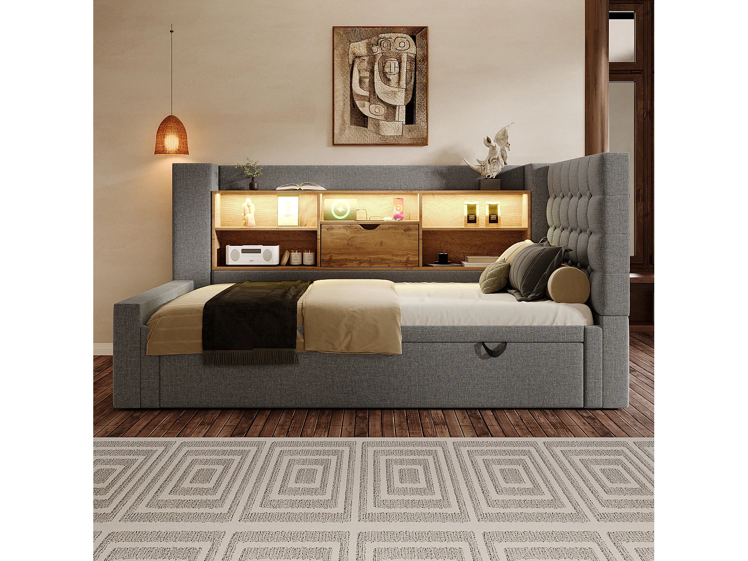 Slaapbank 90x200cm - met uitschuifbaar bed - met LED-verlichting en opbergruimte - met USB - linnen stof - grijs​ (matras niet inbegrepen)