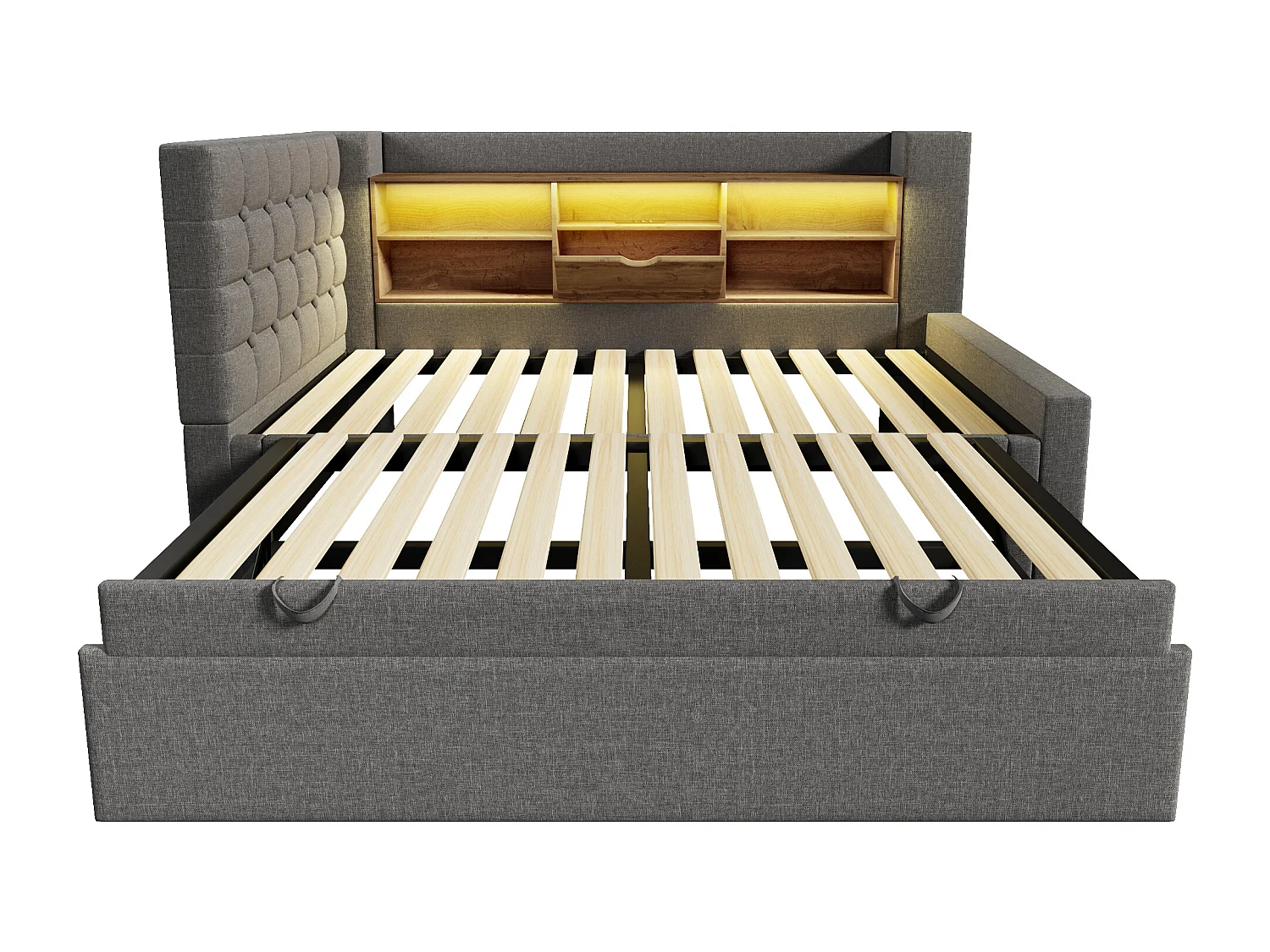 Slaapbank 90x200cm - met uitschuifbaar bed - met LED-verlichting en opbergruimte - met USB - linnen stof - grijs​ (matras niet inbegrepen)