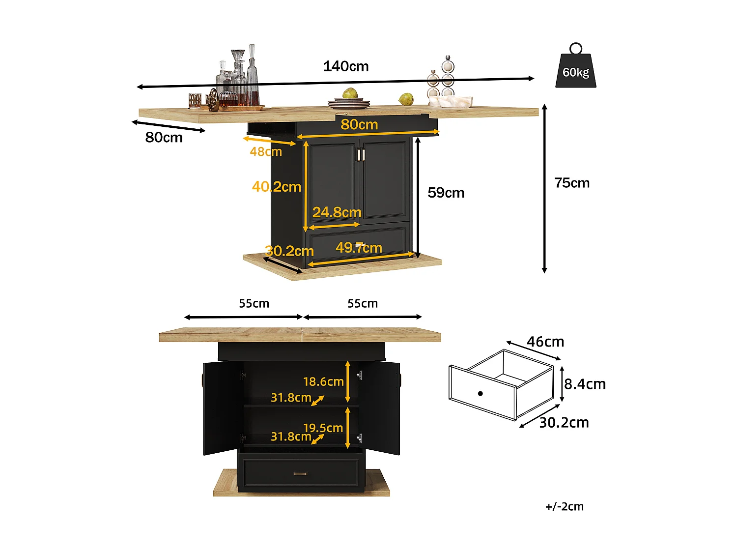 Table à manger extensible avec tiroir et 2 portes - Plateau woodgrain - Noir