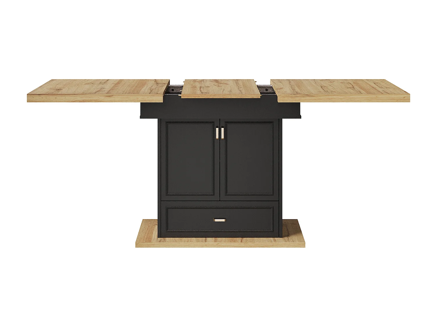 Table à manger extensible avec tiroir et 2 portes - Plateau woodgrain - Noir