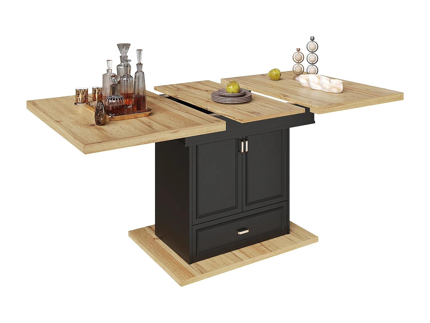 Table à manger extensible avec tiroir et 2 portes - Plateau woodgrain - Noir