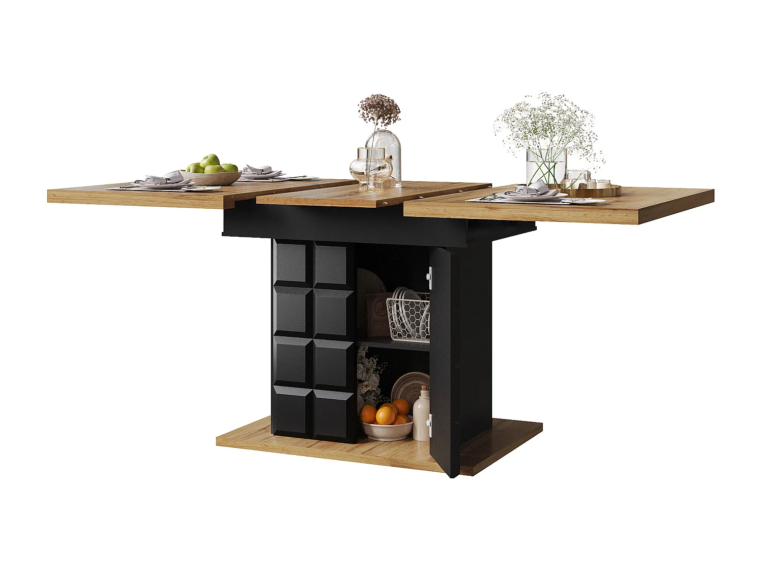 Uitschuifbare eettafel voor 4 tot 6 personen - Geruit patroon met deuren - Zwart en hout