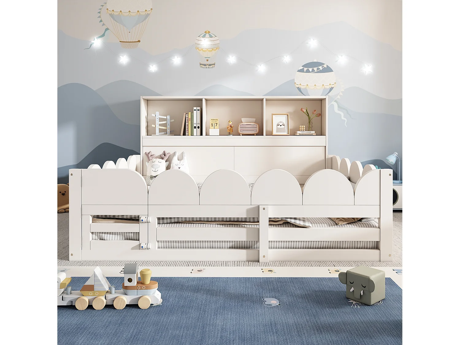 Lit enfant au sol en bois - 140 x 200 cm - avec protection + porte + sommier à lattes + étagère de rangement - bois - blanc